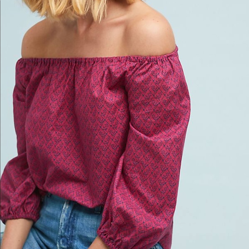 Pink pattered off the shoulder Anthropologie top